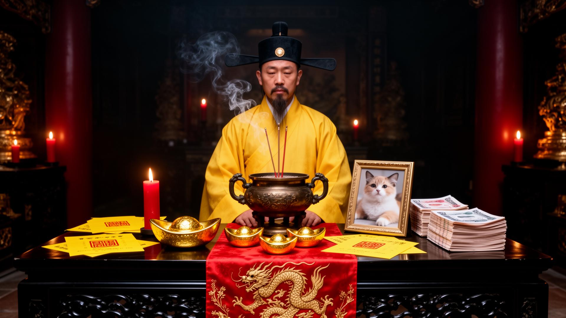 Chinese Taoist pet memorial ritual with yellow-robed priest, incense, talismans, and symbolic pet offerings
