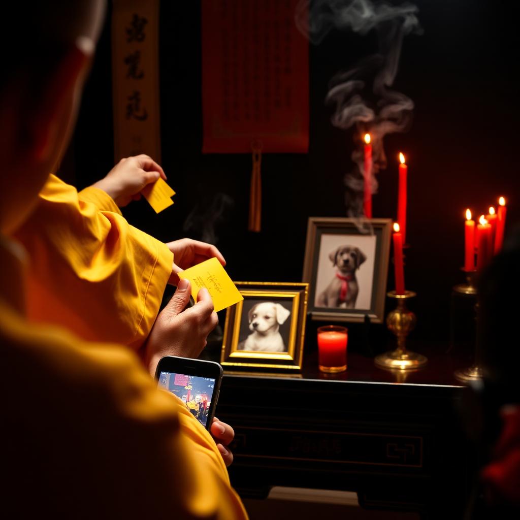 Behind-the-scenes view of a Chinese Taoist pet memorial ritual being filmed for a private video proof